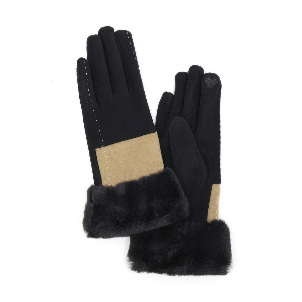 Womens Fashion Gloves Black Tan Faux Fur Trim Warm Winter Touchscreen Compatible